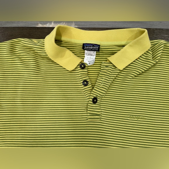 Patagonia Organic Cotton Polo Shirt Men’s M Yellow Green Stripe - Picture 3 of 4